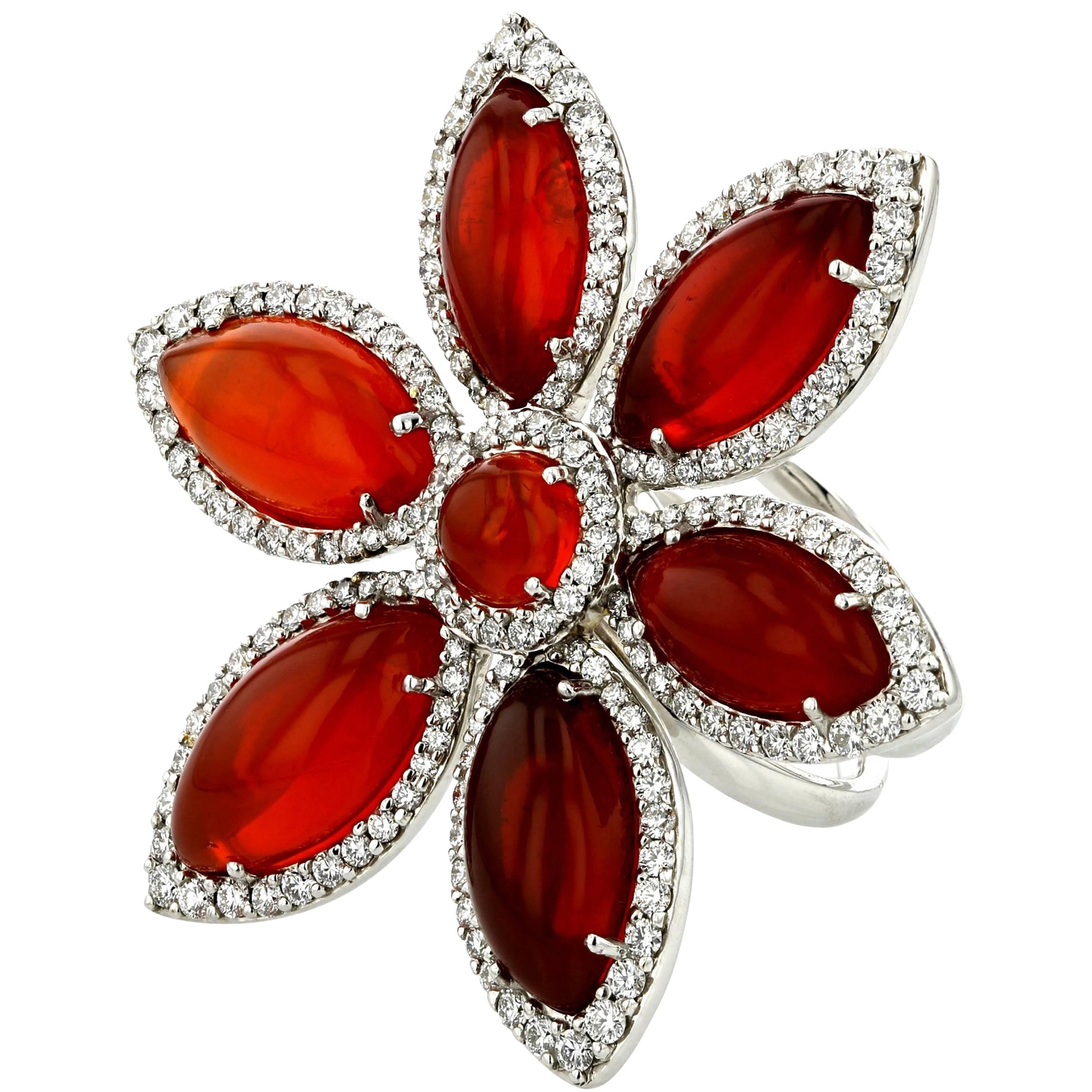 Fire Opal Diamond Gold Flower Cocktail Ring For Sale