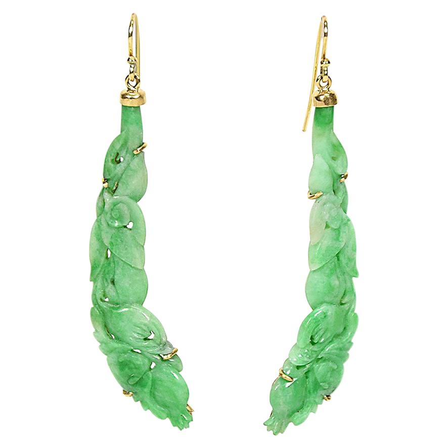 Pair of Jadeite Earrings, Hand Carved and Set in 14 Carat Gold For Sale