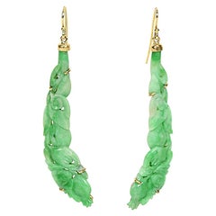 Pair of Jadeite Earrings, Hand Carved and Set in 14 Carat Gold