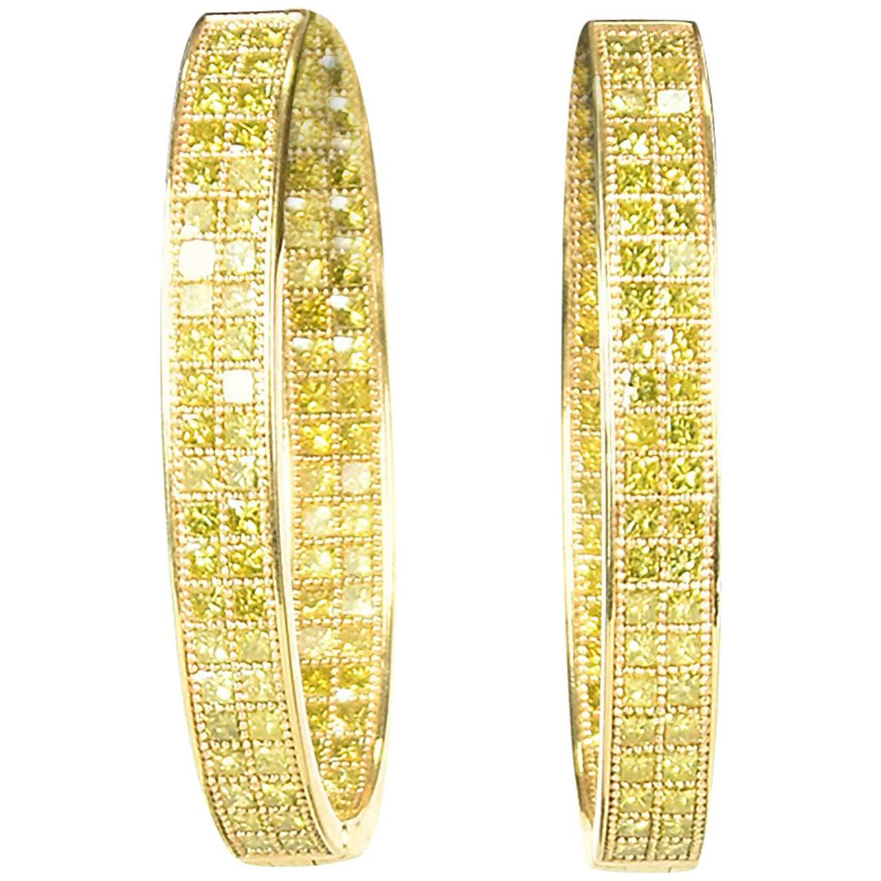 Diamond Hoop Earrings Set in 18 Carat Yellow Gold For Sale