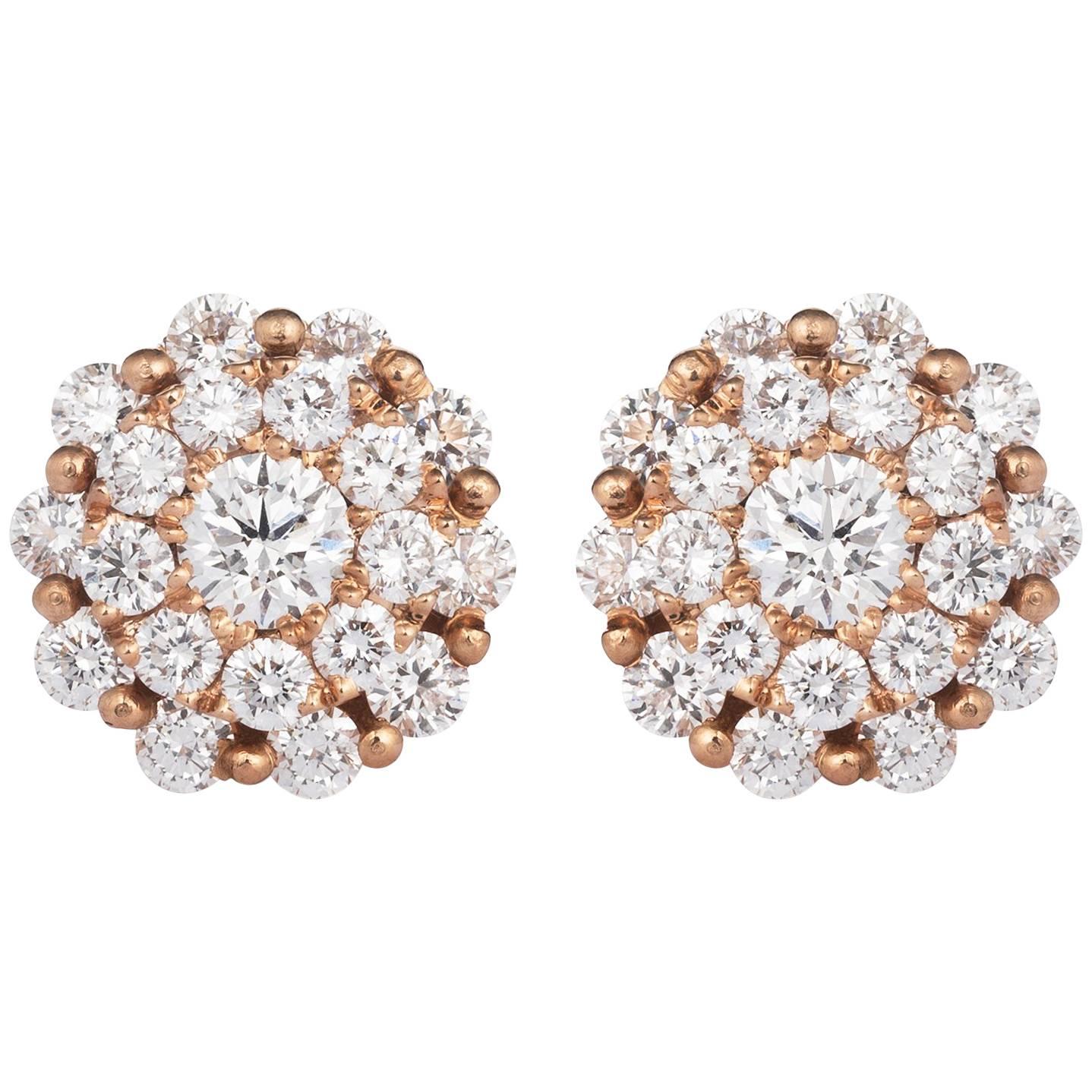 Versatile Rose Gold Three-Tier Diamond Cluster Stud Earrings For Sale