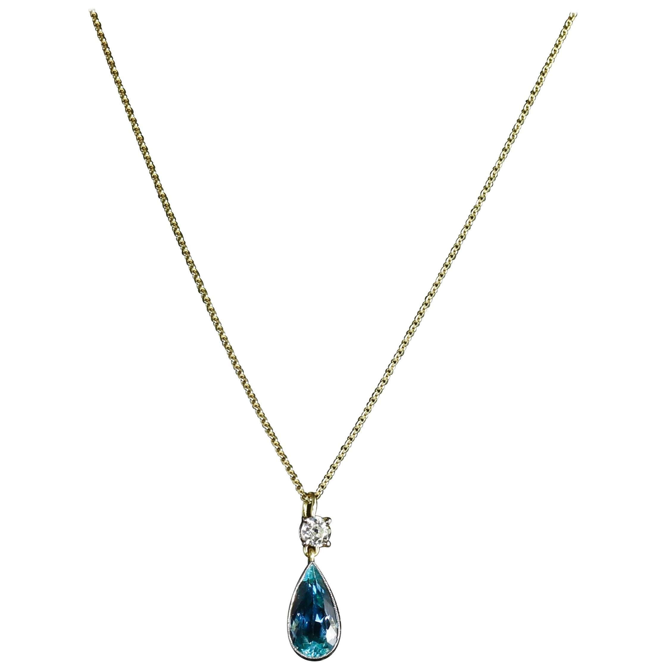 Antique Aquamarine Diamond Pendant Necklace