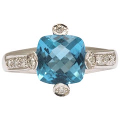 Checkerboard Cut Blue Topaz White Gold Ring