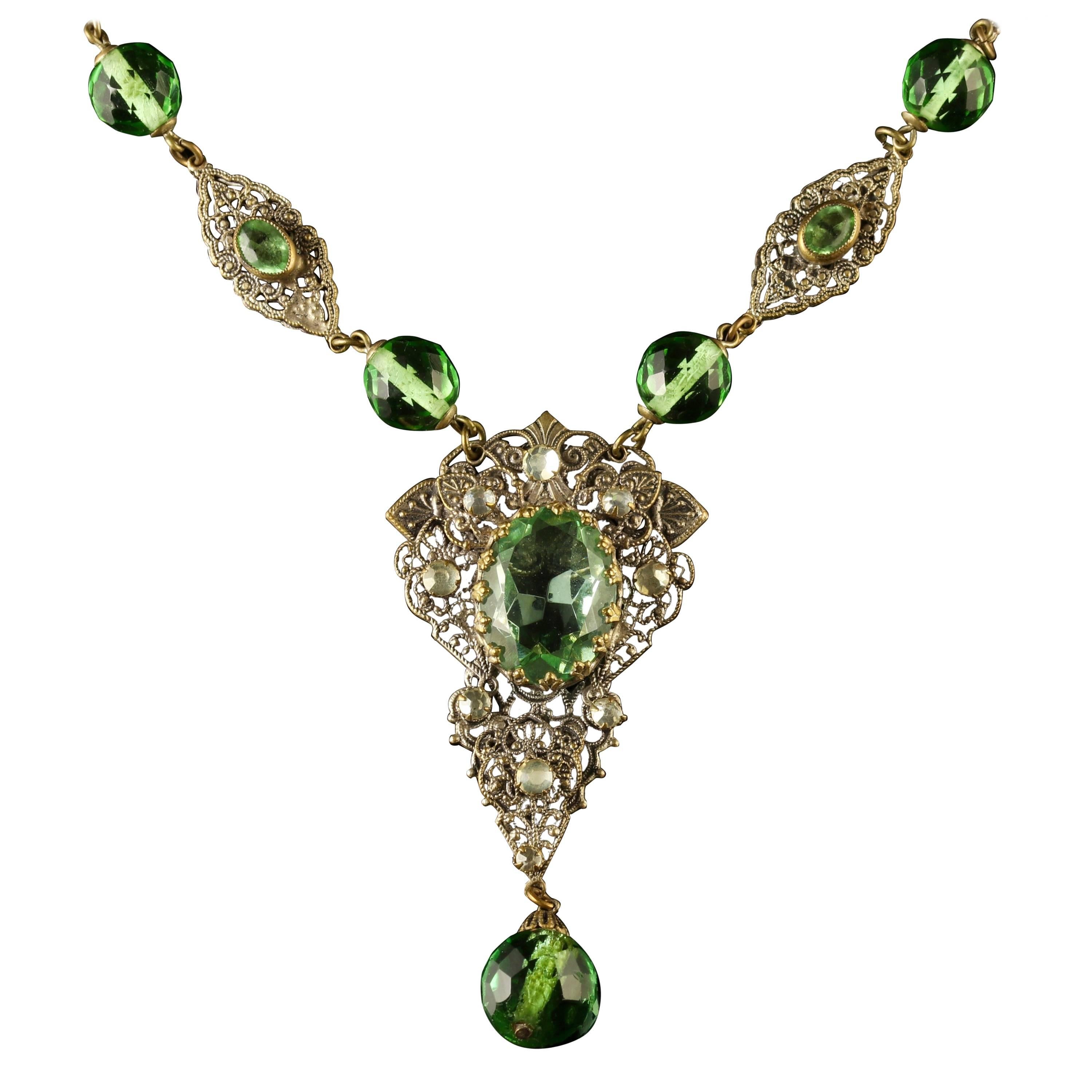 Antique Victorian Green Paste Necklace Filigree, 1900 For Sale