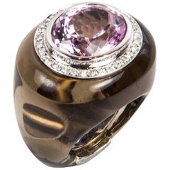 Bague fantaisie en or avec quartz fumé et kunzite de 12,0 carats et diamants, ancienne bijouterie d'art