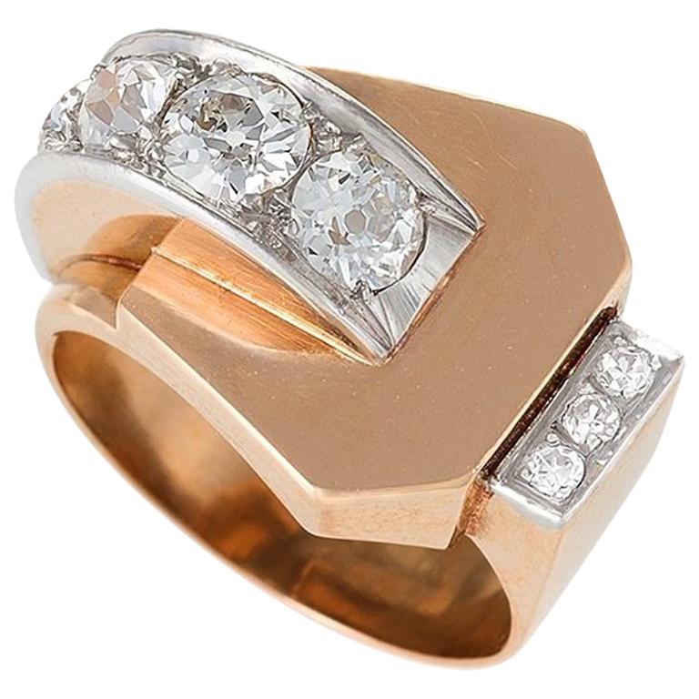 French 1930s Retro Diamond Platinum and Gold Buckle Ring