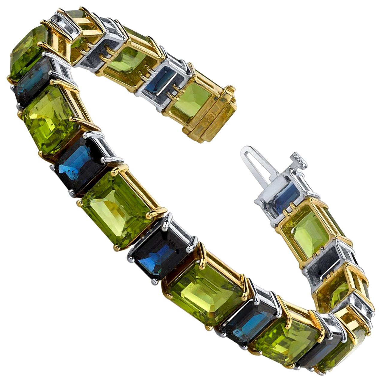 Blue Sapphire and Peridot Emerald-Cut, White and Yellow Gold Tennis Bracelet