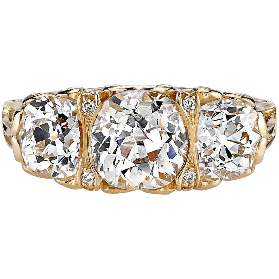 Classic Cushion Cut Diamond Three Stone Gold Engagement Ring