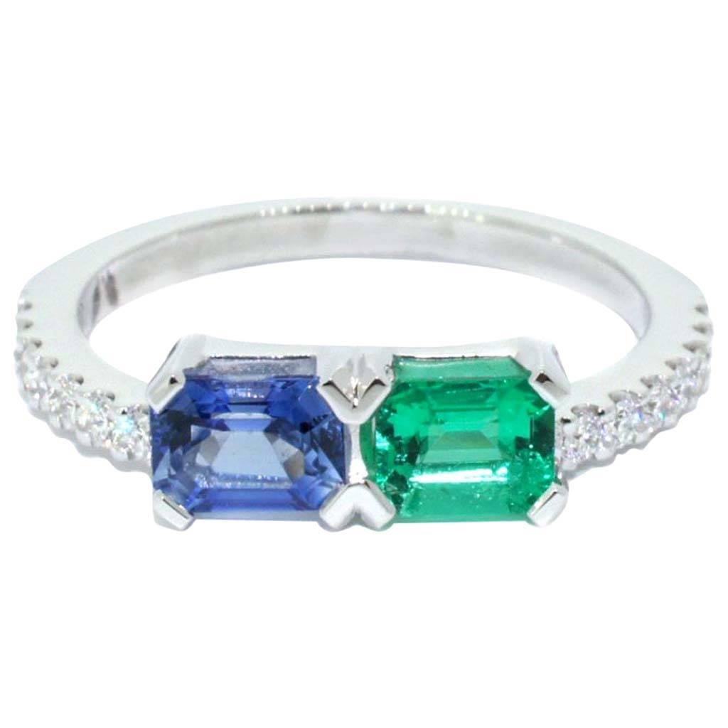 Lizunova Sapphire, Emerald & Diamond Ring in 18 karat White Gold For Sale