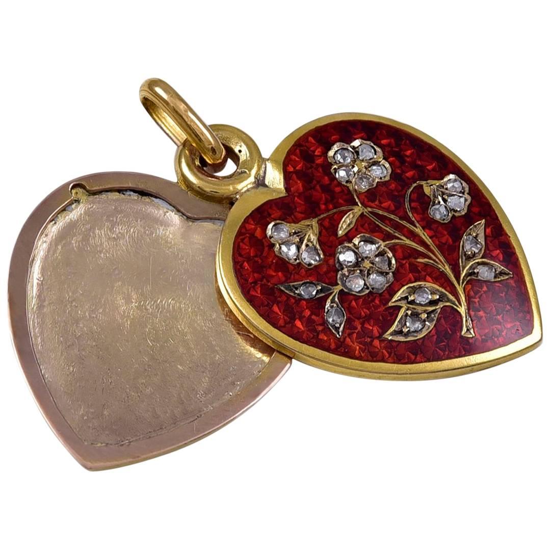 Antique Enamel Diamond Gold Heart Locket