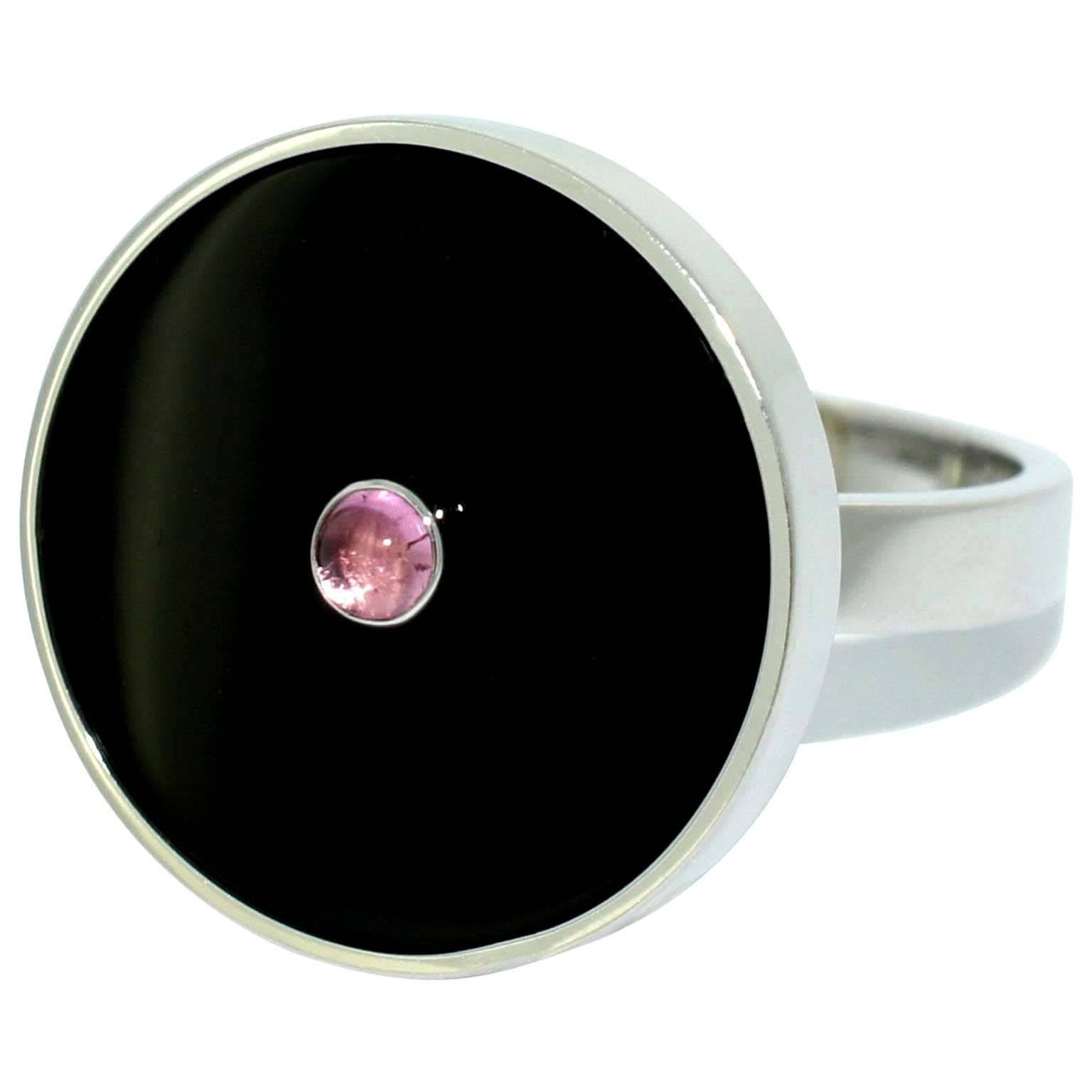 Lizunova Onyx and Pink Tourmaline White Gold Ring For Sale