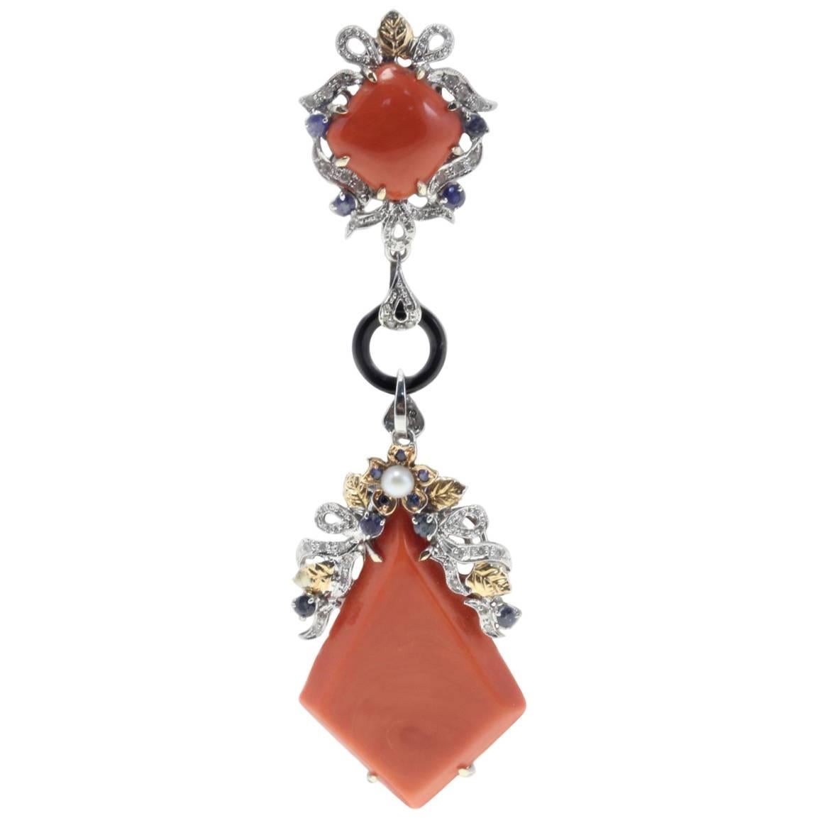 Corals, Onyx Ring, Sapphires, Diamonds, Pearl, White/Rose Gold Pendant For Sale