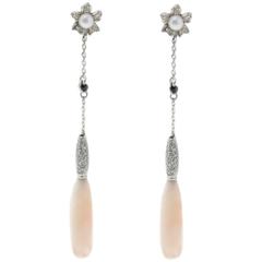 Retro Luise Coral Pearl Diamond and Fancy Diamond Drop Earrings