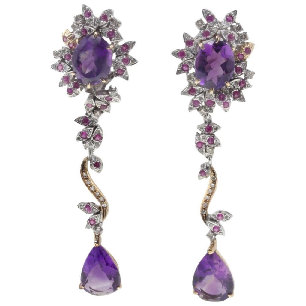  Amethyst Ruby Diamond Rose and White Gold Earrings