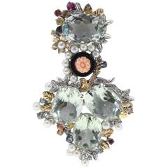 Green Amethyst Diamond Coral Onys Sapphire Pearl Gold Pendant