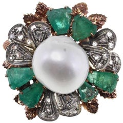  Gold Silver Diamond Emerald Pearl Cocktail Ring