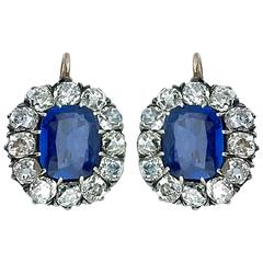 Boucles d'oreilles anciennes saphir diamant argent or Dormeuses