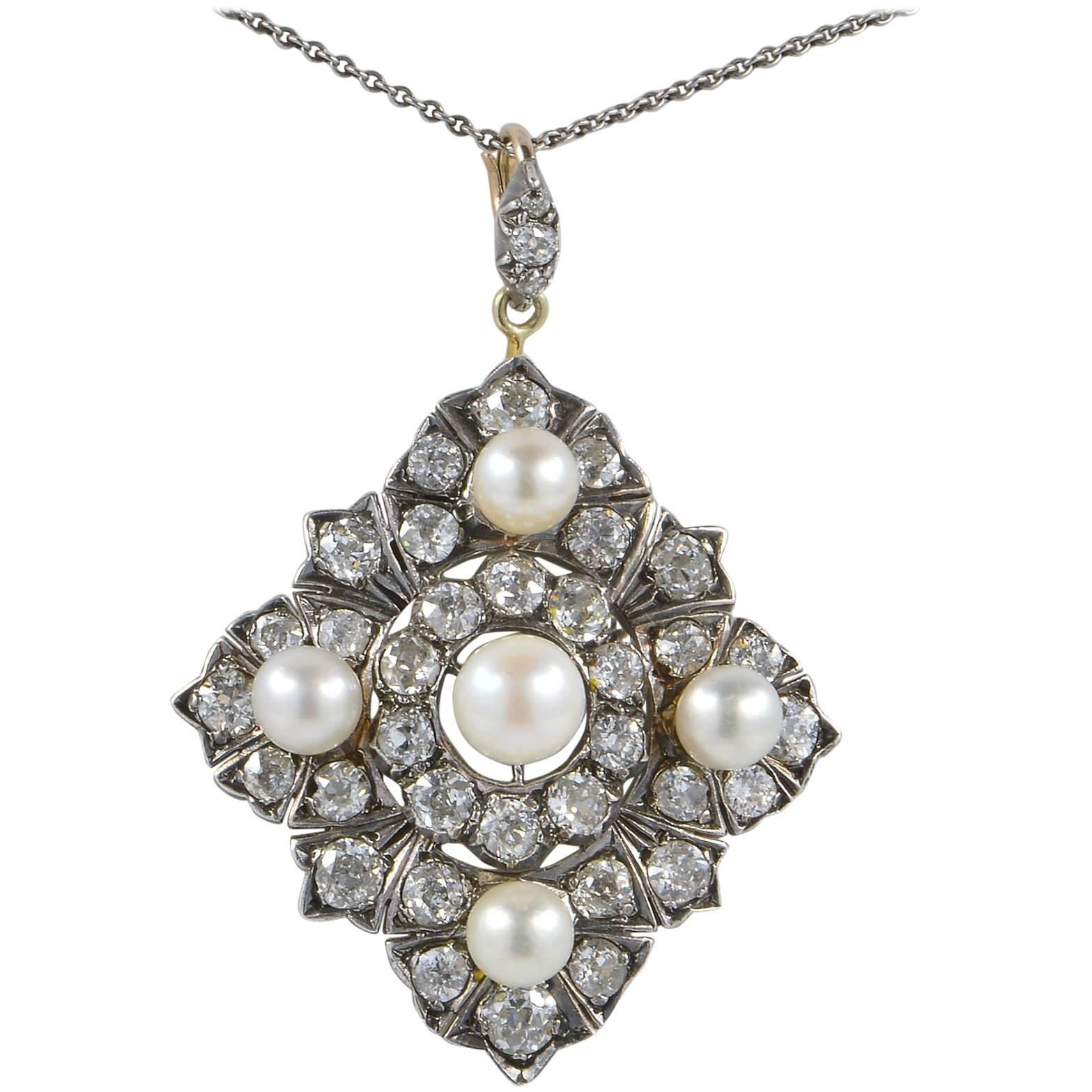 Victorian Natural Pearl 6.80 Carat Diamond Rare Pendant For Sale