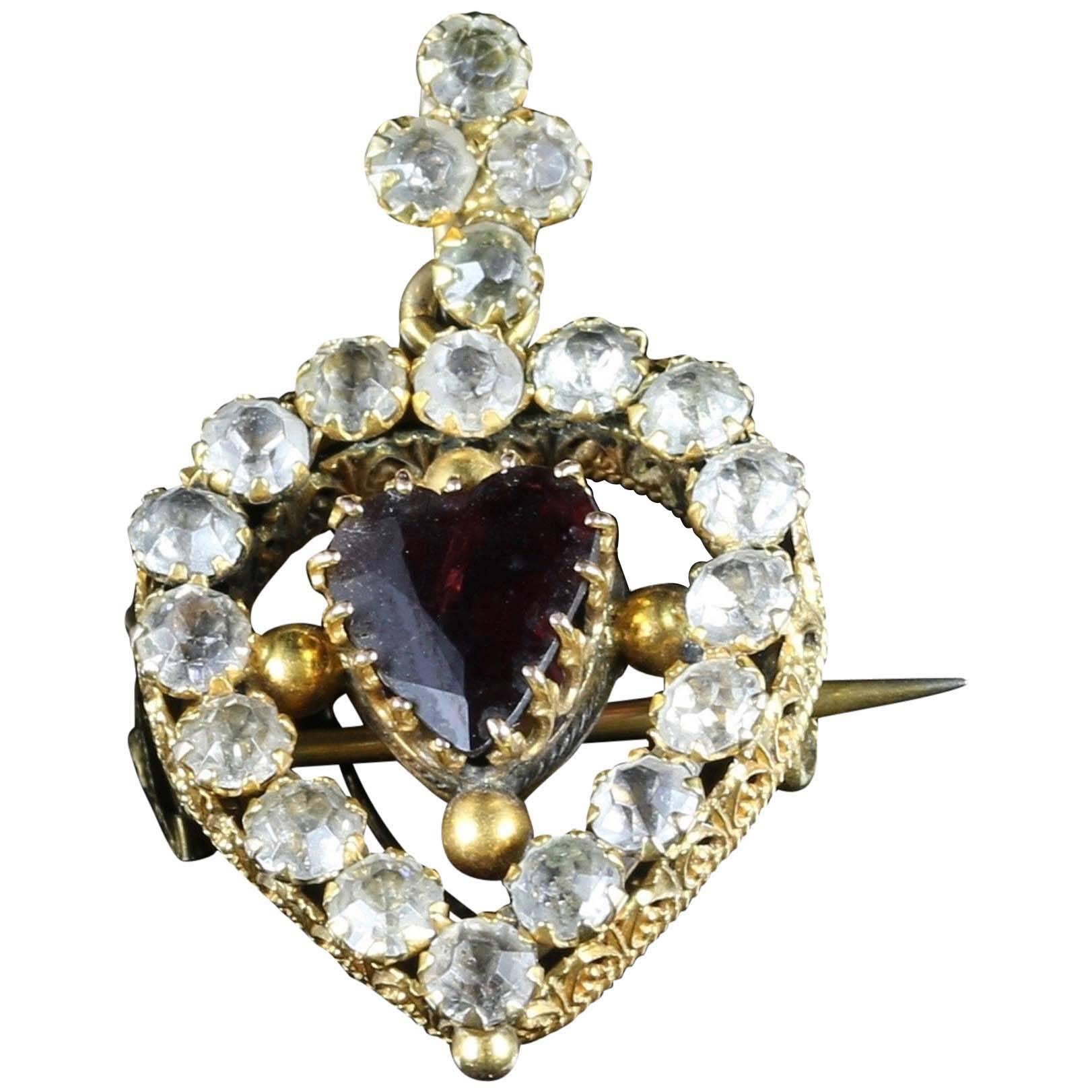 Antique Victorian Garnet Heart Paste Pendant Brooch 18 Carat Gold