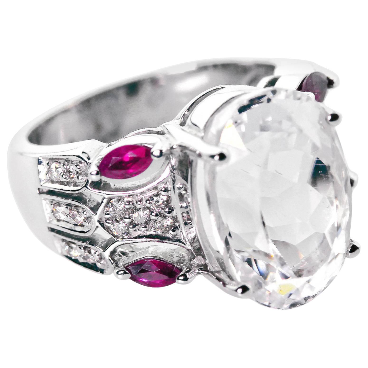 Kunzite Ruby Diamond White Gold Ring