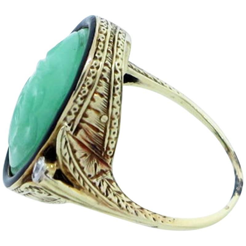 Art Deco Carved Jade Enamel Diamond Gold Ring