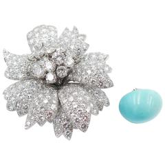Turquoise Diamond Platinum Flower Brooch