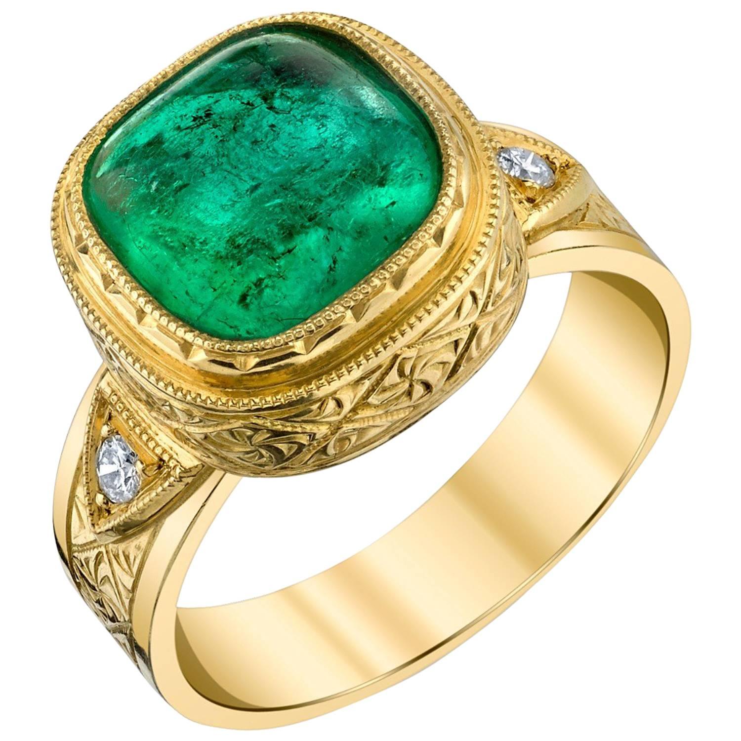3.16 Carat Emerald Cabochon and Diamond Ring 18k Yellow Gold