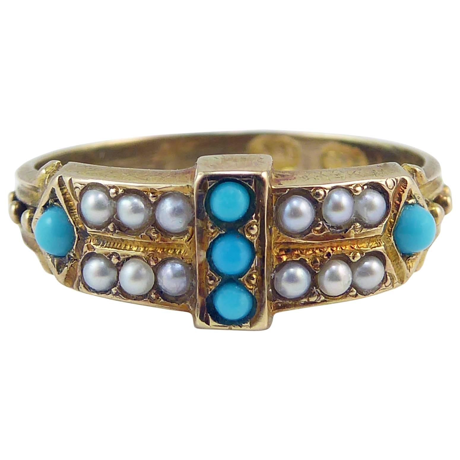 Antique Victorian Turquoise and Pearl Keeper Ring, Stamped 15 Carat