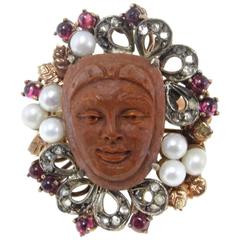Gold Silver Diamond Pearl Garnet Lava Stone Ring