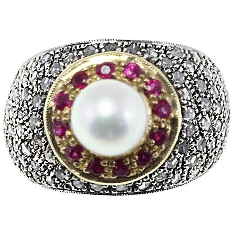 Gold Silver Diamond Ruby Pearl Ring