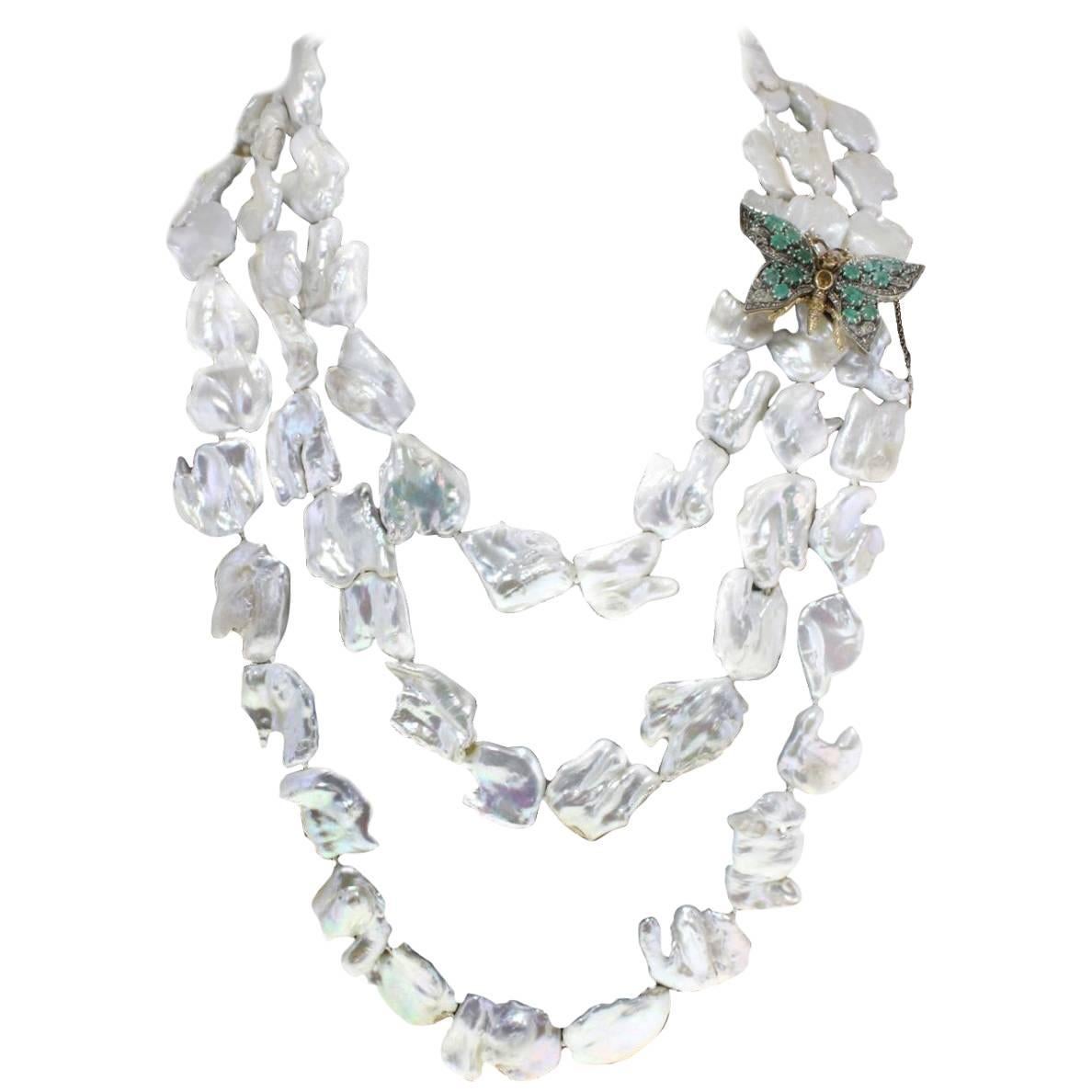 Emerald Topaz Garnet Pearl Silver Gold Necklace For Sale