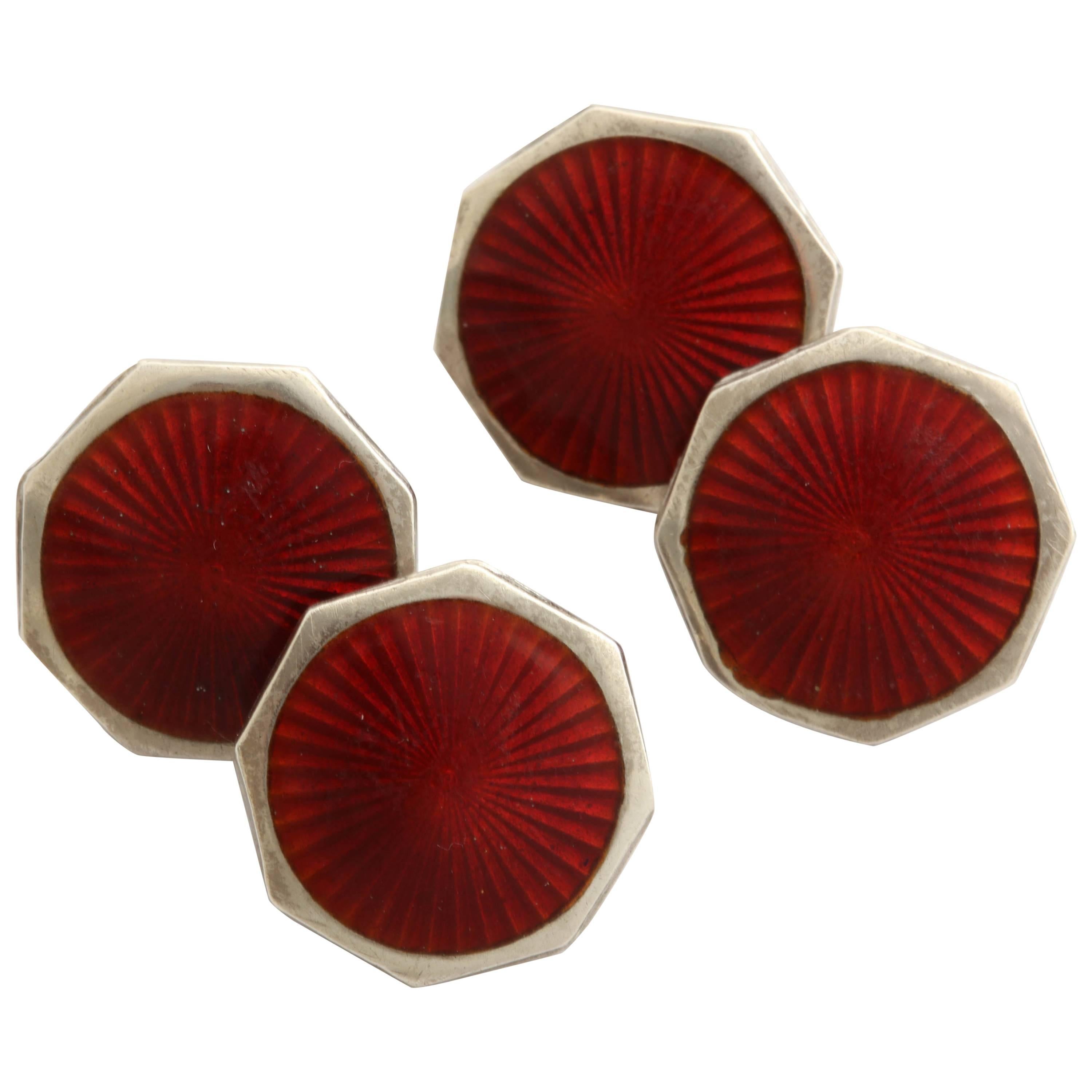 American Art Deco Sterling Silver and Red Guilloche Enamel Cufflinks For Sale