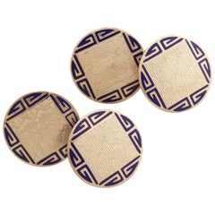 American Art Deco Sterling Silver and Navy Blue Guilloche Enamel Cufflinks 1
