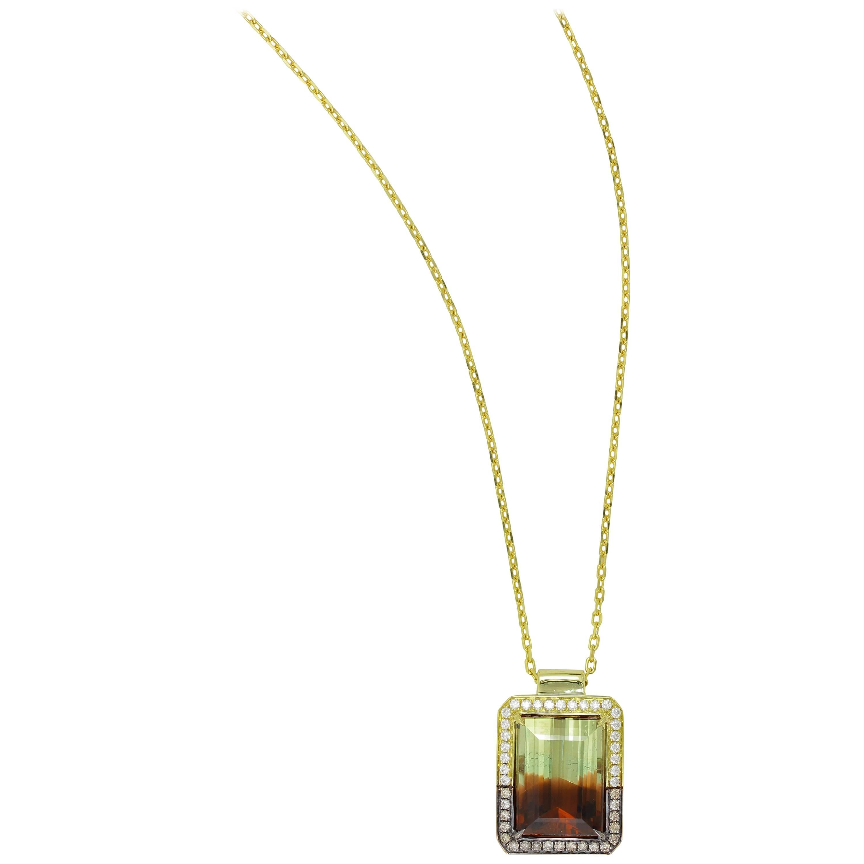 18K YPG EC BICOLOR TOURMALINE WITH YG WHITE DIAMOND TOP AND PG BROWN DIAMOND BOTTOM WITH POLISHED YG BALE ONE-OF-A-KIND PENDANT WITH CHAIN 
BC TOURM 10.39 CT
19 BROWN DIA 0.15 Carats  23 Diamonds  0.17 Carats