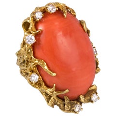 1970s Arthur King Coral, Diamond and Gold Cocktail Ring