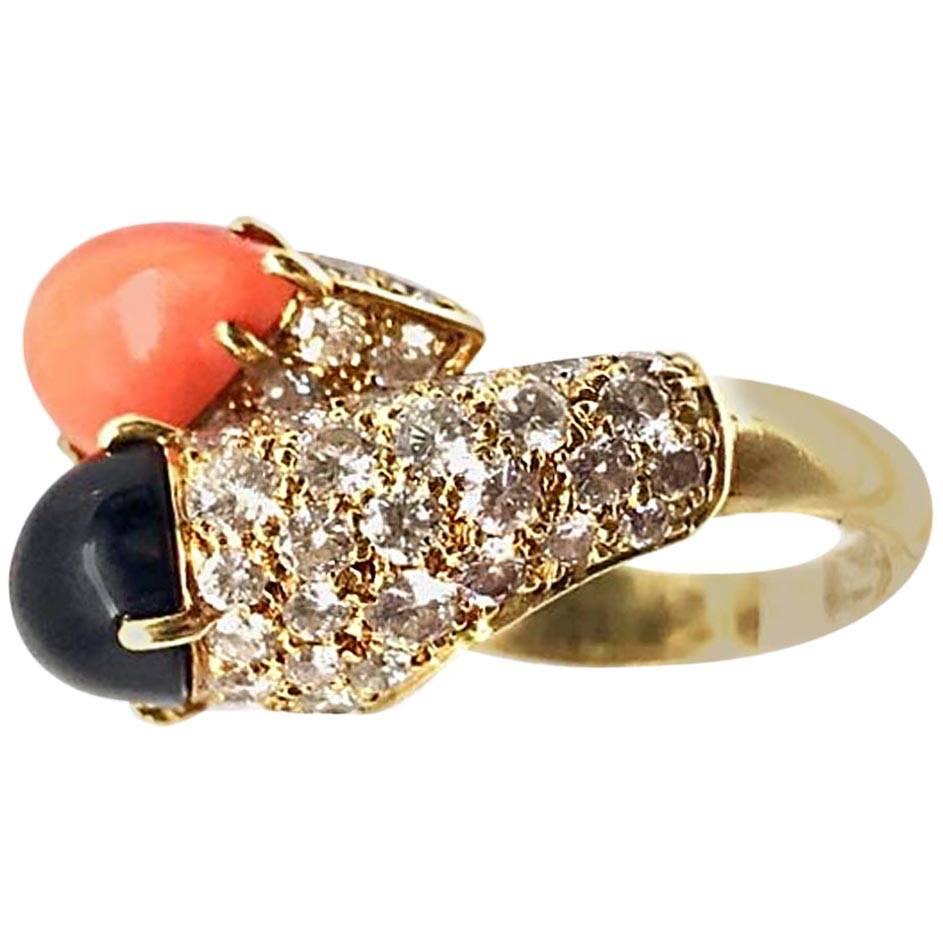 Cartier Diamond Coral and Onyx Gold Crossover Ring  For Sale