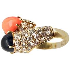 Cartier Diamond Coral and Onyx Gold Crossover Ring 