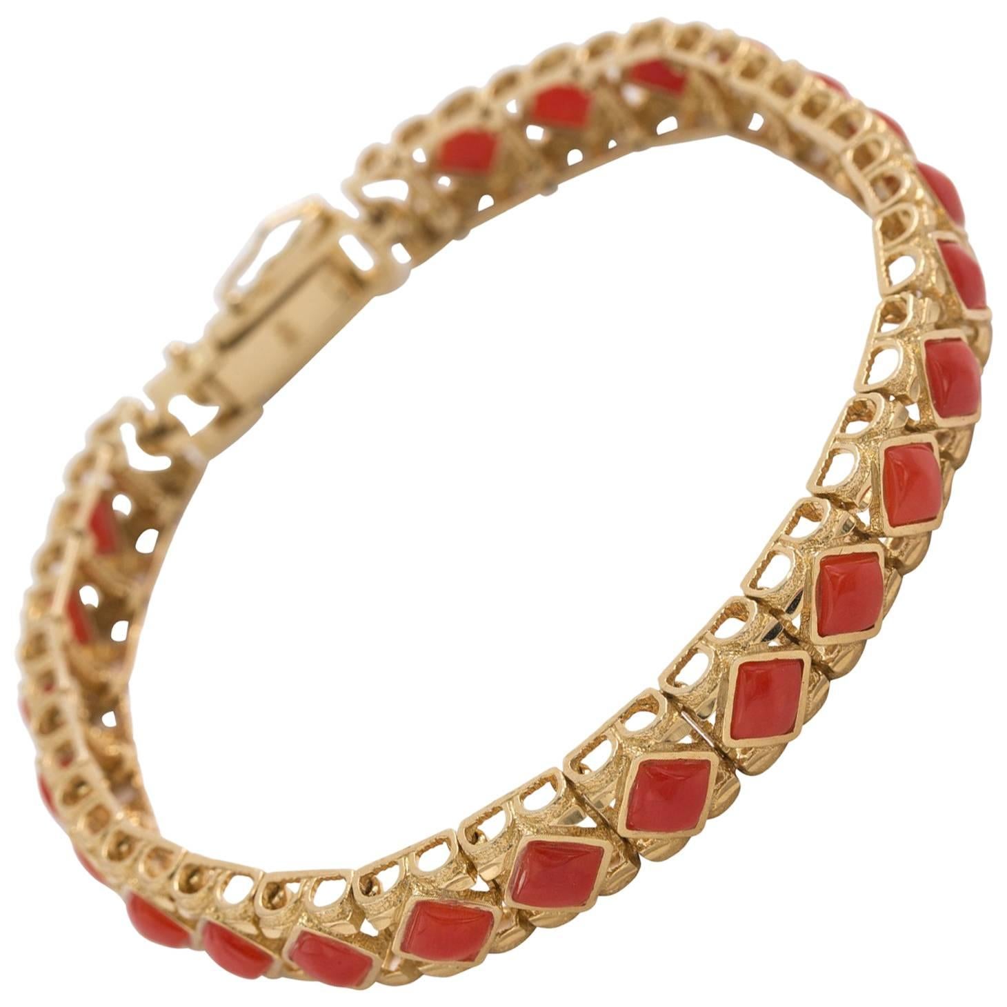 Yellow Gold Mediterranean Red Coral Bracelet For Sale