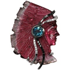 Frederic Sage 24.35 Carat Bi-Color Tourmaline "Indian" Head Brooch/ Pendant