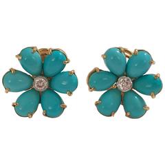Turquoise Flower Stud Earrings with Diamond Center 8