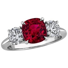 Burmese Ruby Diamond Platinum Three-Stone Engagement Ring 7