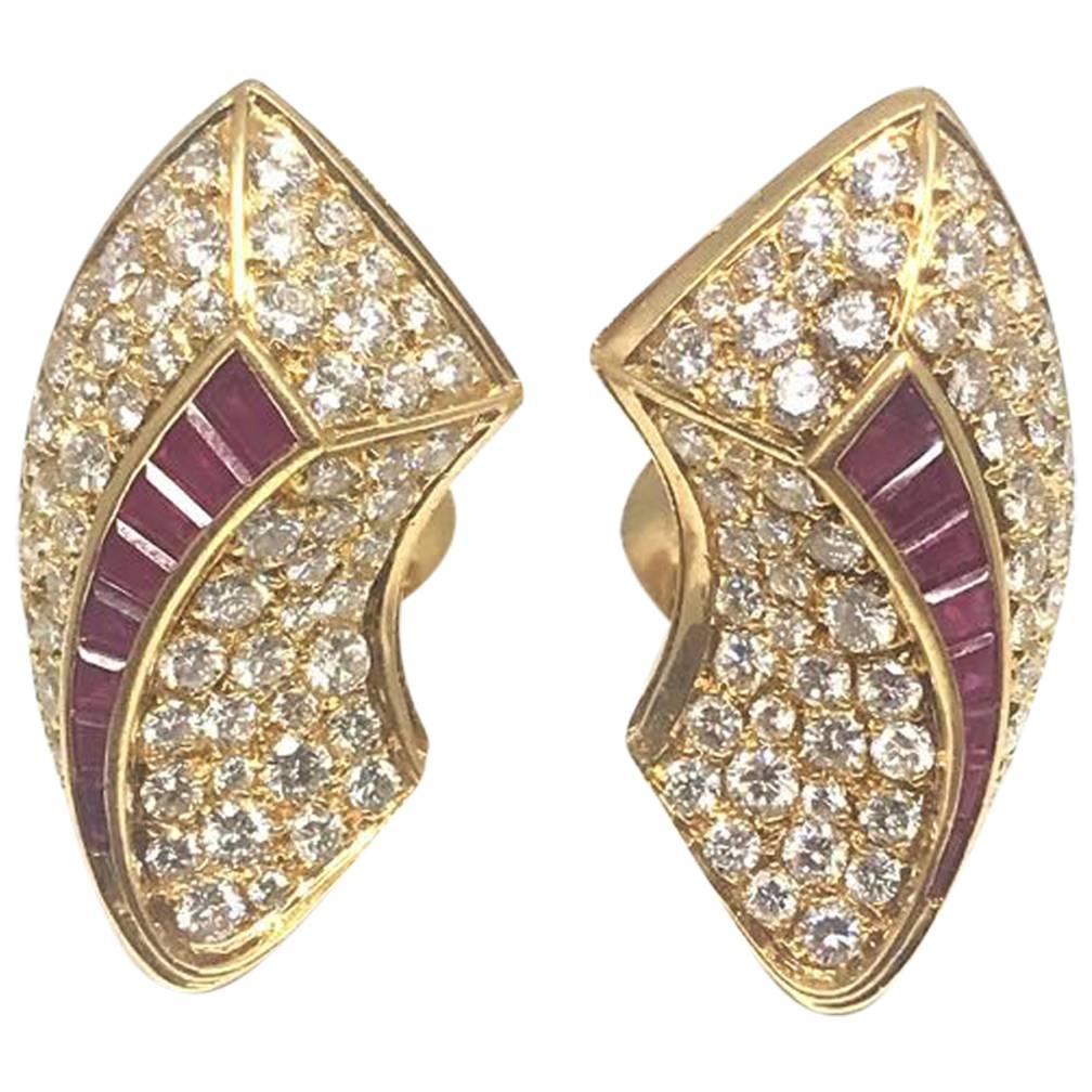 Van Cleef & Arpels Diamond Ruby Gold Earrings For Sale