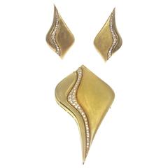 1970s Bulgari Diamond Gold Pin Earrings Set