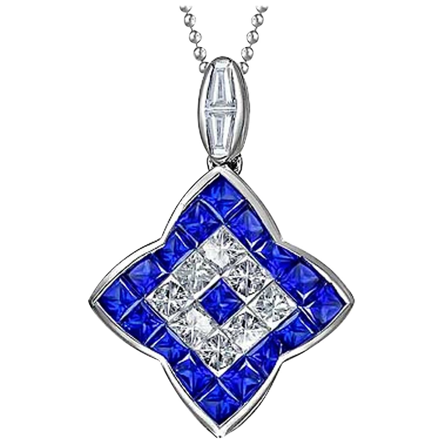 Invisible Set Blue Sapphire Diamond White Gold Pendant Necklace For Sale