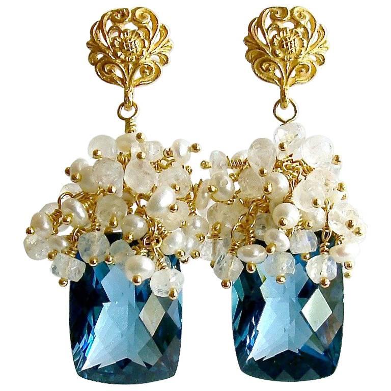 London Blue Topaz Seed Pearls Moonstone Cluster Earrings