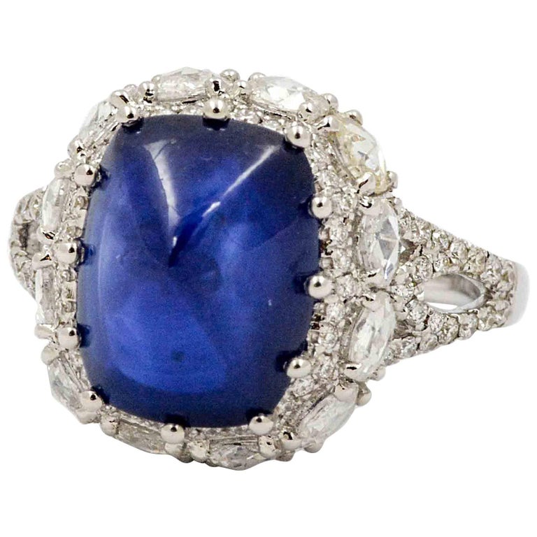6.44 Carat Cushion Sugar Loaf Cut Blue Sapphire Diamond Ring For Sale ...