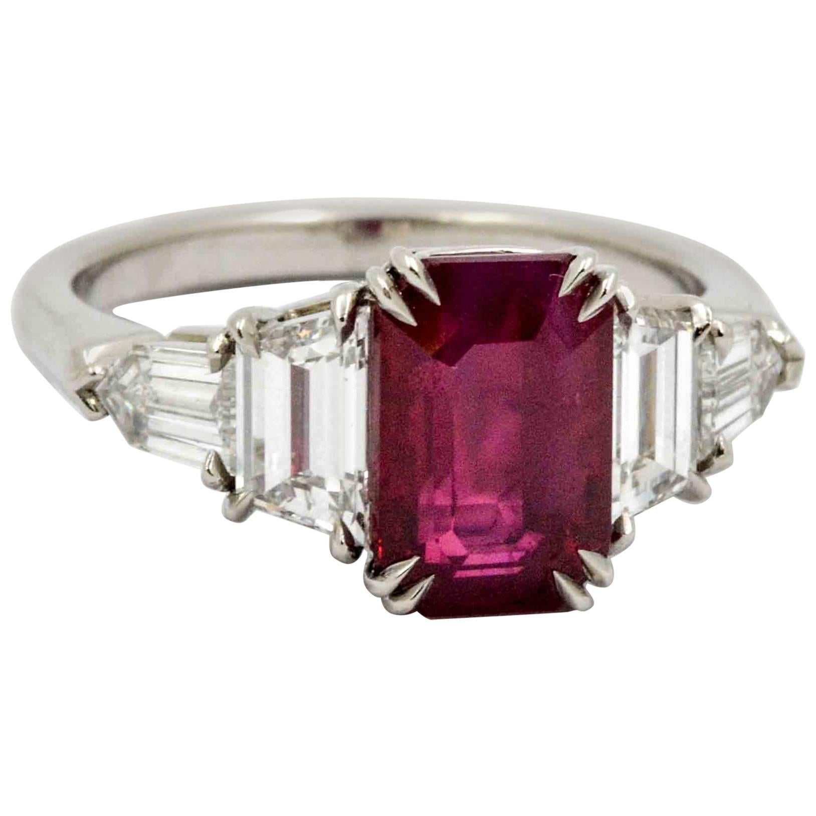 3.01 Emerald Cut Burmese Ruby Diamond Platinum Engagement Ring