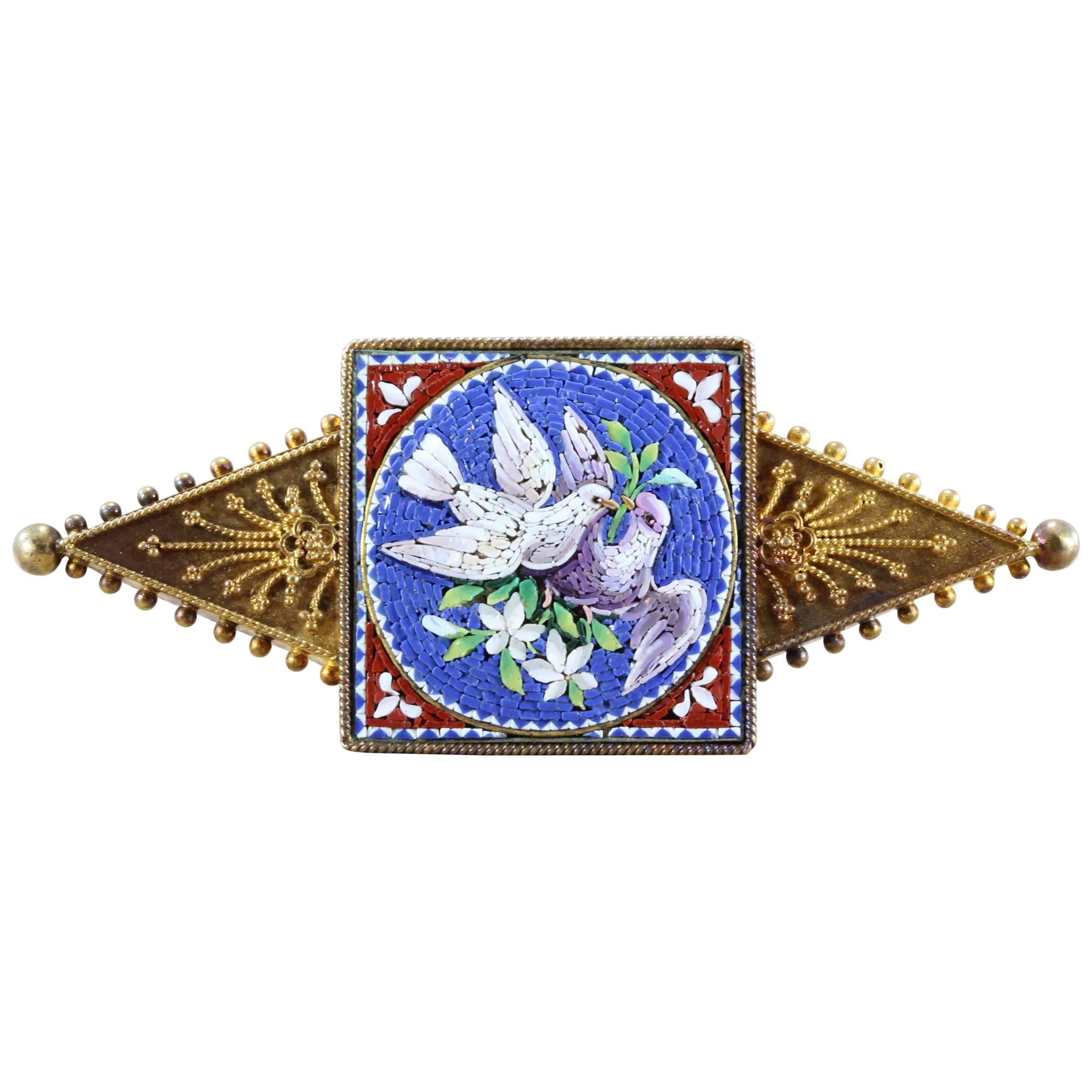 Victorian Italian Dove Micro Mosaic Gold Brooch