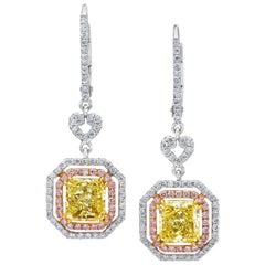 GIA Certified Fancy Yellow Diamond Halo Dangle Earrings 2