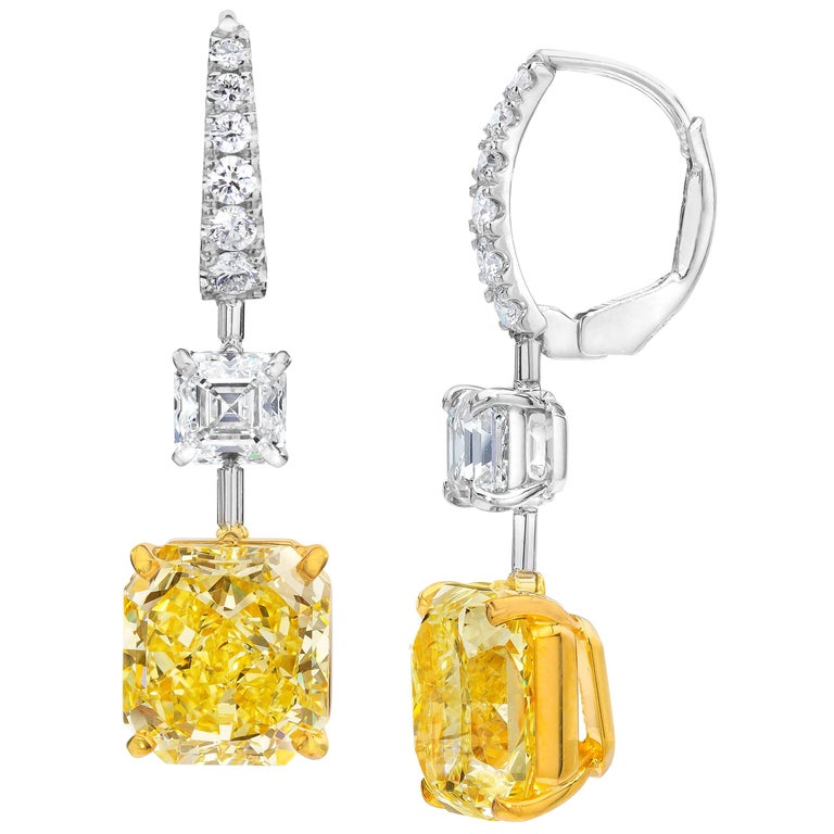Brilliant Fancy Yellow And White Diamonds Dangling Earrings For Gia Certified Fancy Intense Yellow Diamond Dangle Earrings